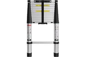 Grefinity 12.5 FT Aluminum Telescoping Ladder, One Button Retraction Extension Ladder, 375 lbs Load Capacity with Non-Slip Wide Feet, Compact Portable for Indoor Outdoor Use, RV, Attic and Roof Use