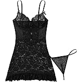 Foxiny Sexy Mini Bows Ruffle Cutout Floral Lace Sheer Babydoll Lingerie Dress with Thong 2 Piece