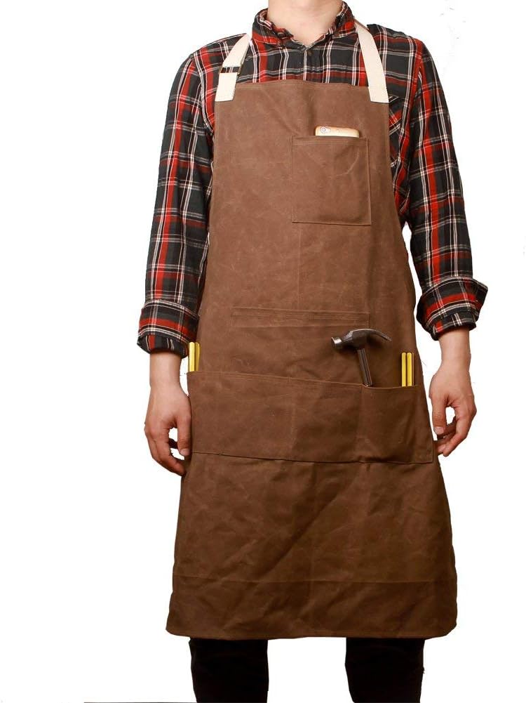 QEES Tool Apron for Men with 6 Pockets, Waterproof Waxed Canvas Tool Aprons