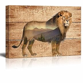 Double Exposure Rustic Canvas Wall Art - Lion in The Wild on Vintage Wood Background - Giclee Print Modern Wall Art | Stretched Gallery Wrap Ready to Hang - 12x18 inches