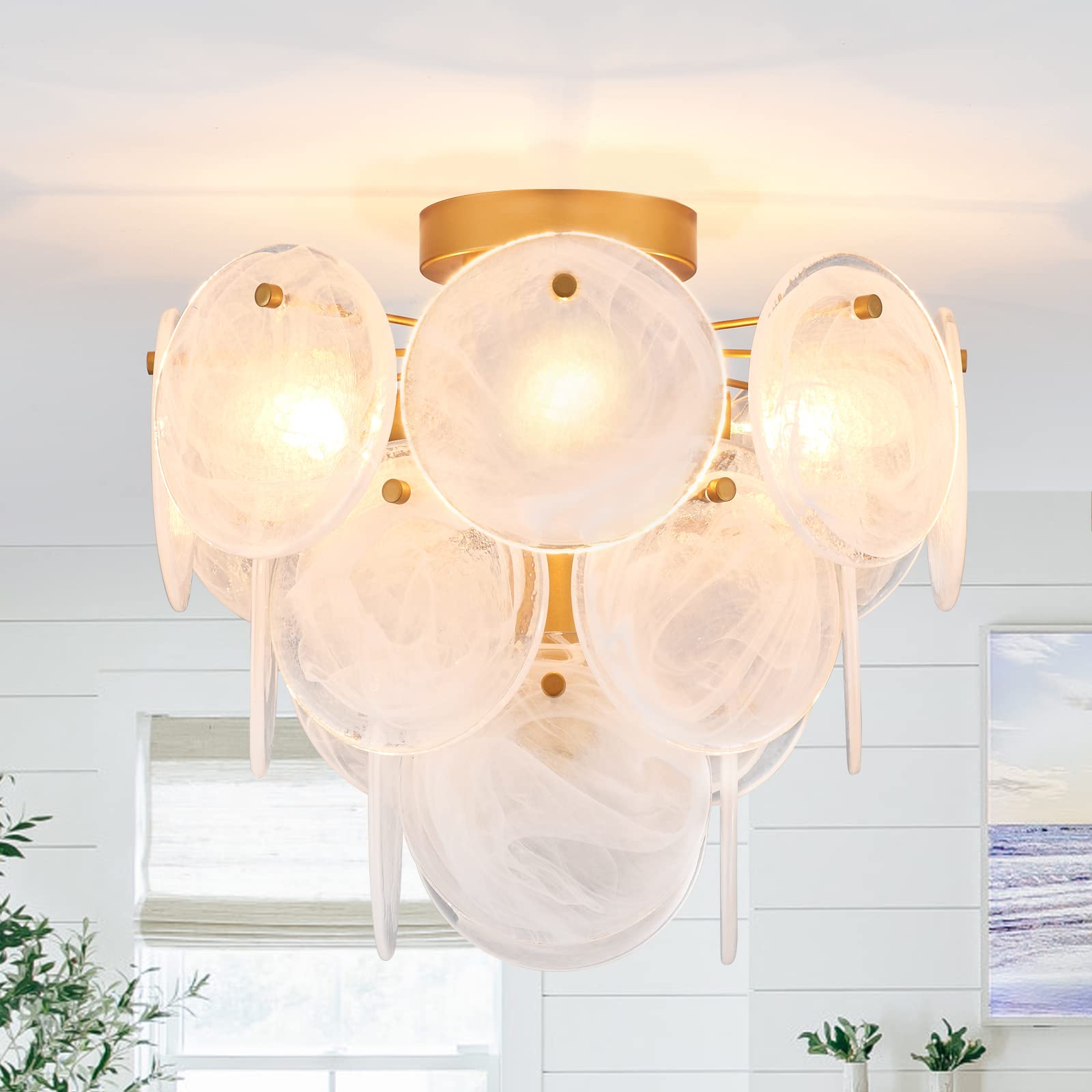 Photo 1 of VANZARLA Modern Flush Mount Glass Ceiling Light, Gold Hallway Lights Vintage Chandelier, 4-Light Unique Light Fixture for Bedroom Entryway Loft Kitchen Laundry Bathroom Farmhouse
