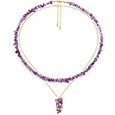 2Pcs Crystal Necklace for Women Handmade Choker Necklaces Pendant Necklace Natural Stone Gemstone Beaded Necklace 18k Gold Plated Adjustable Dainty Necklace for Women