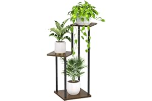 Oppro 3 Tier Plant Stand Indoor Outdoor, Wood Metal Flower Shelf Pot Holder Clearance, Tall Multiple Plants Corner Rack Aesthetic Organizer for Patio Orchid Office Porch Living Room Garden, Black Oak