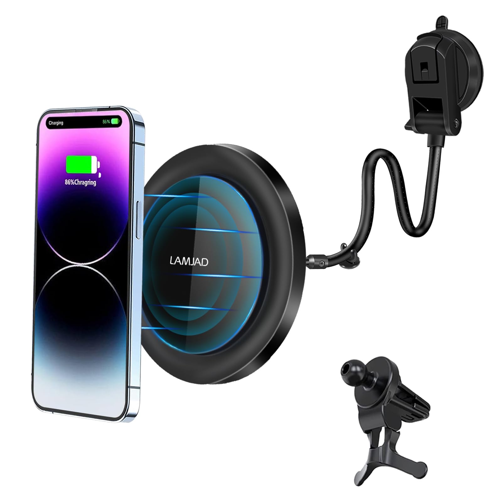 LAMJAD M8 Magnetic Wireless Car Charger, Fast Charging, Compatible for Car Charger, 14/13/12 Series,Air Vent Dashboard Car Mount Phone Holder