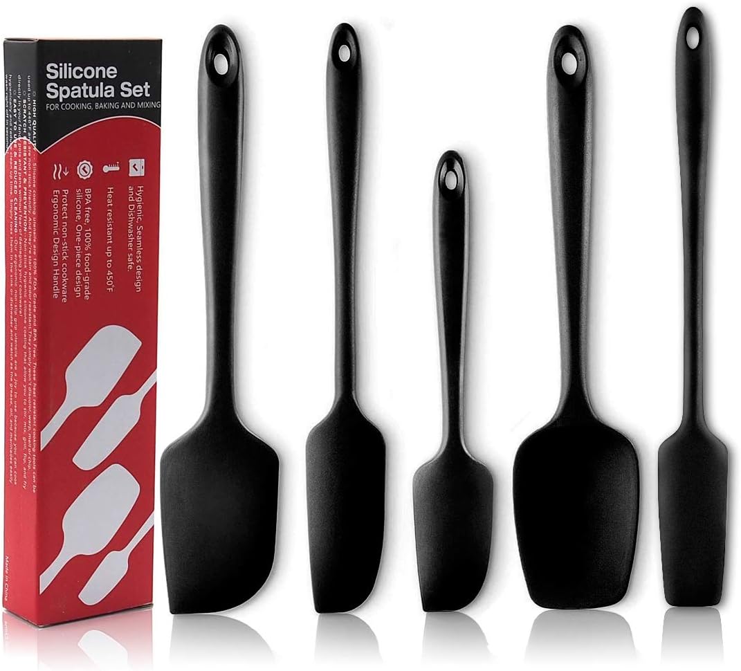 Silicone Spatula Set 5-Piece, NOVASTARCK Heat-Resistant One Piece Design Seamless Rubber Spatula Dishwasher Safe for Mixing Cooking & Baking (Black)