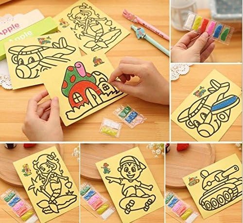 URTop 10Pcs/lot 20.5x15cm Colored Sand Painting Drawing Toys Sand Art Kids Coloring DIY Crafts Learning Education Color Sand Art Painting Cards Set With Yellow Background Random Patterns