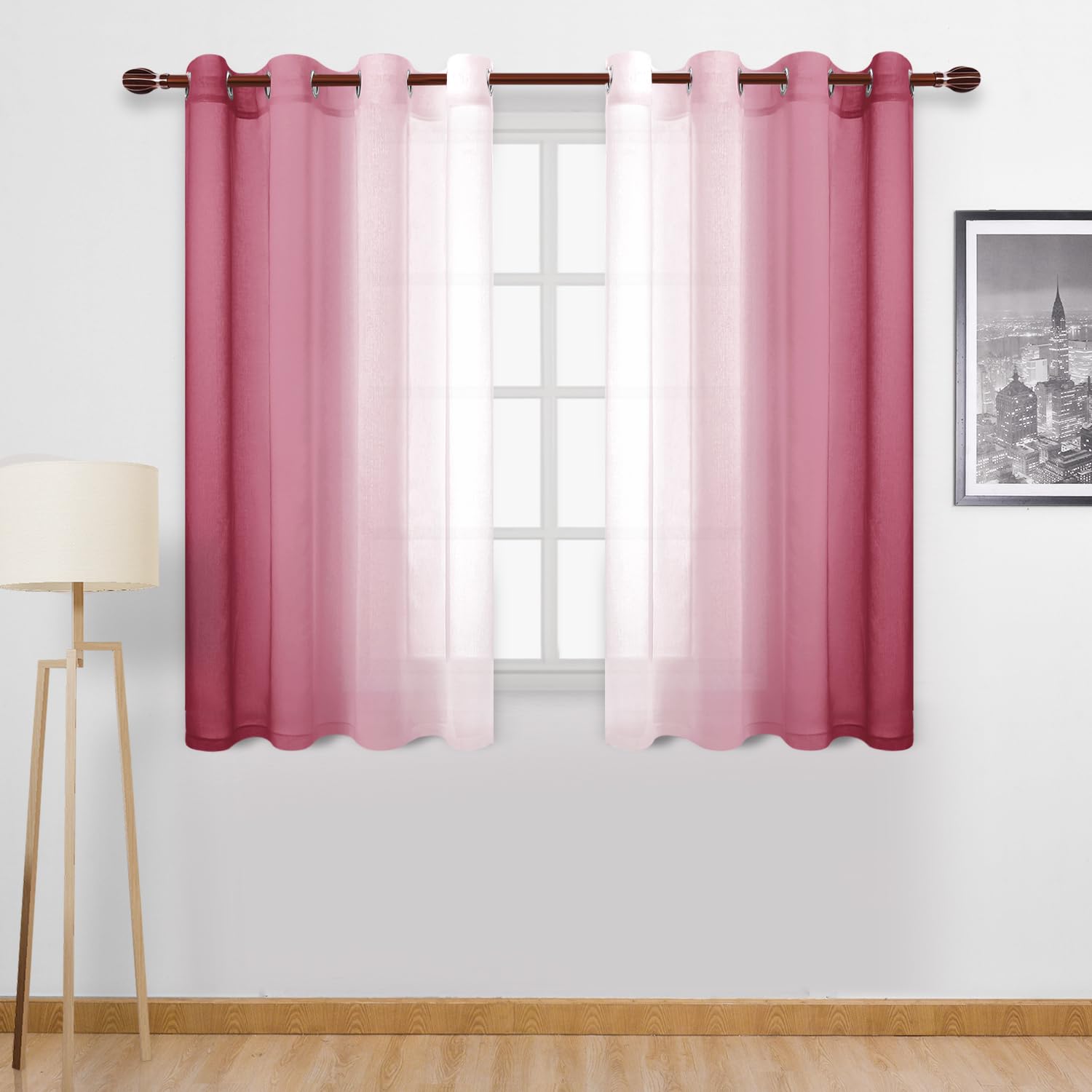 DWCN Ombre Sheer Curtains - Faux Linen Semi Voile Grommet Top Gradient Curtains for Bedroom and Living Room, Set of 2 Window Curtain Panels, 52 x 54 Inch Length, Burgundy