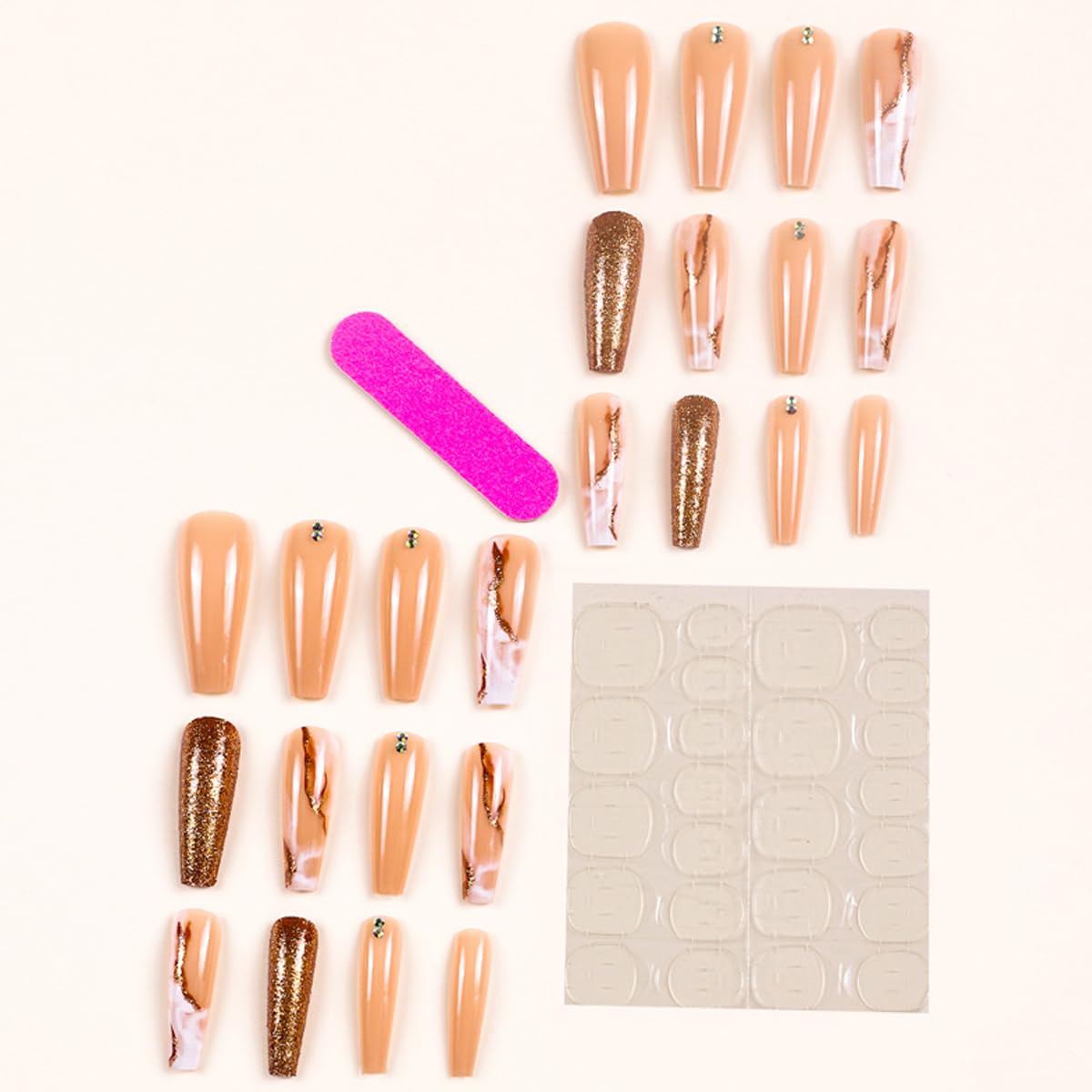 Glitter Marble Press on Nails Long - Long Square Press on Nails,Coffin Nails Glossy Shiny Fake Nails with Rhinestones Design Reusable Stick on Nails Natural Artificial Nails Glue on Nails for Women - Image 5