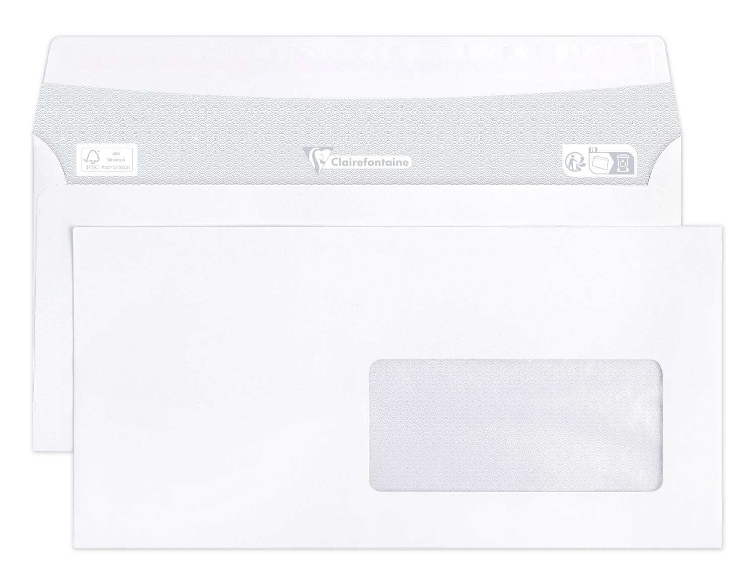Clairefontaine 10935C - Box of 500 White Envelopes -DL - 110x220mm - Self-adhesive - 90g/m² - Window Crystal Paper - 45x100 (position 20/20) - Mailing