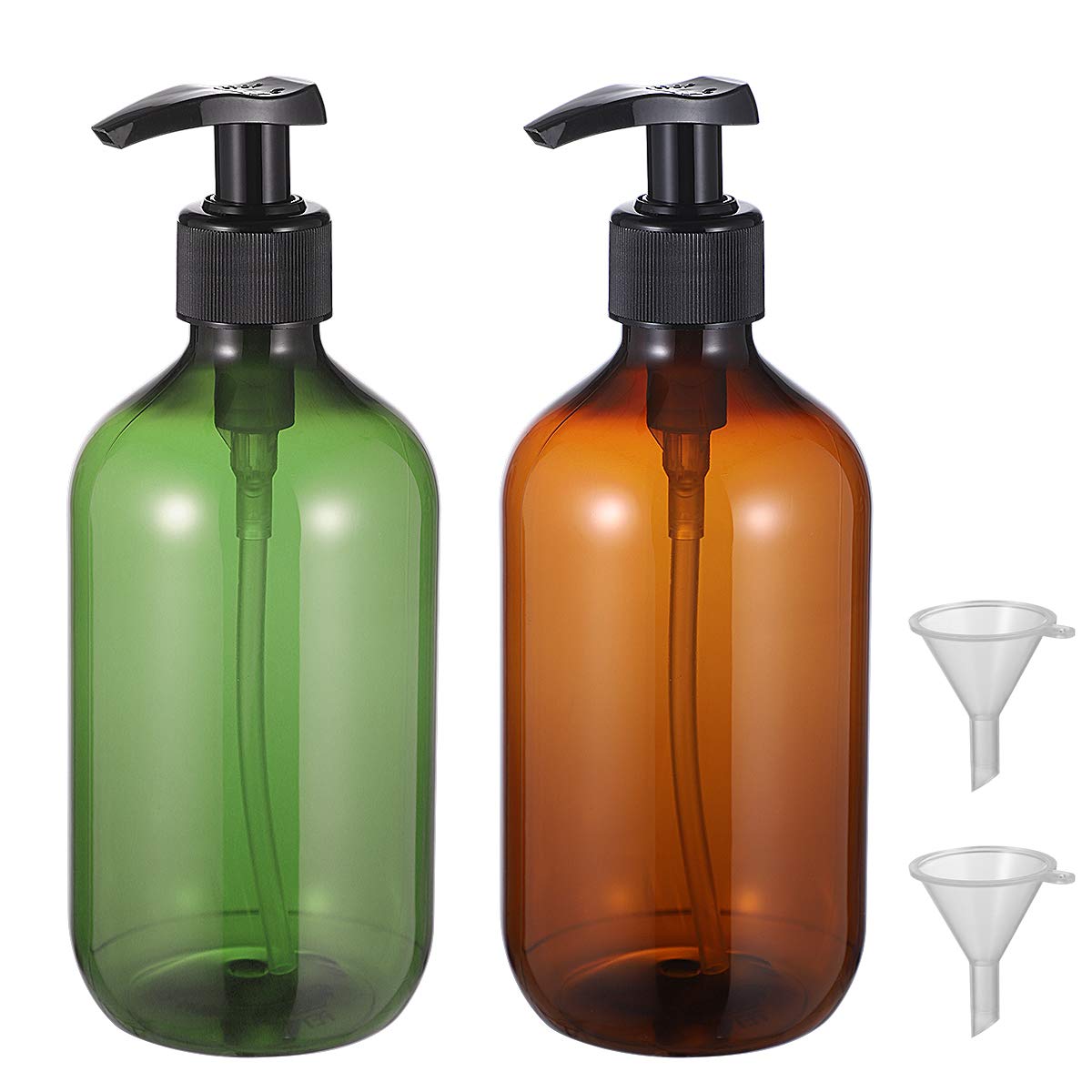 TOPBATHY 2PCS 500ml Empty Shampoo Bottles Opaque Versatile Pump Bottle Drip-free Lotion Container Hand Soap Dispenser with 2Pcs Funnel (Green+Brown)