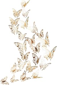 48pcs. 3D Champagne Gold Butterfly Wall Stickers Wedding Decoration Mirror Shiny Paper Wall Decal Removable Mural Butterflies Sticker Bedroom Living Room Showcase Classroom School Nursery Birthday Aniversary Engagement Baby Shower cake Decor