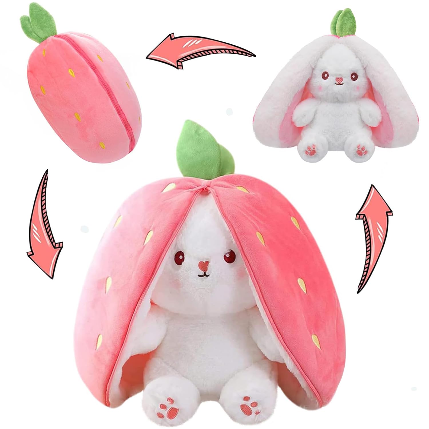 MIFKLMV Easter Plush Bunny Toy, Soft Rabbit Plush Doll 9.8 in Strawberry Plushies Doll, Cute Cuddly Stuffed Animals Rabbit Muppet Toys Birthday Easter Gifts for Kids Girls Boys (Pink Ears)
