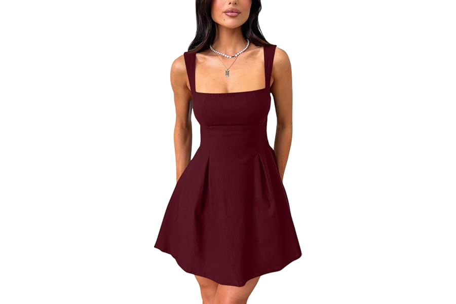 YMDUCH Women's Sleeveless Square Neck Bow Tie A-line Mini Dress | Adjustable Straps,Birthday,Party,Homecoming,Gradution,Back 