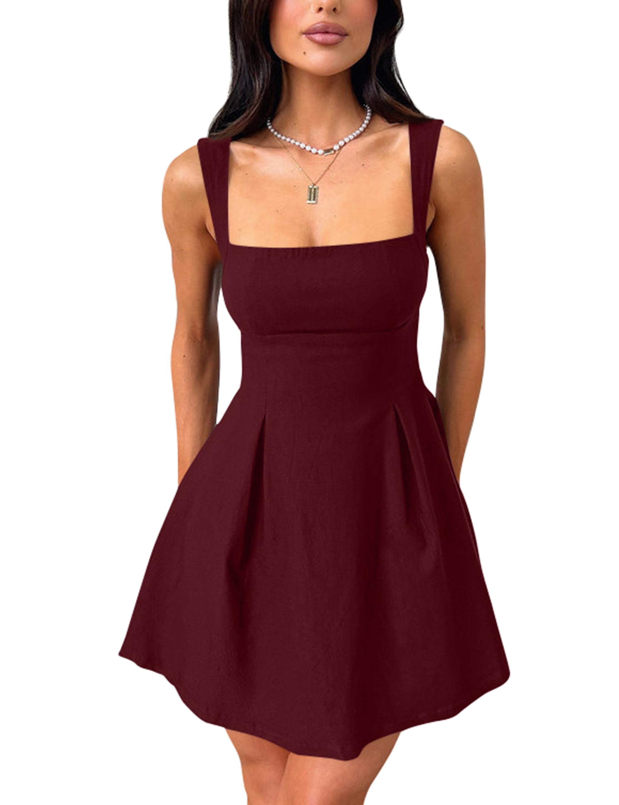 Photo 1 of ** UNKNOWN SIZE*** YMDUCH Women's Sexy Sleeveless Square Neck Adjustable Straps Bow Tie A-line Mini Party Club Dress WineRed
