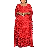 HD Afircan Women Applique Flower Dress Boat Neck Caftan Chiffon Gown One Size