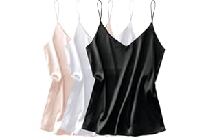 Ekouaer 3 Pack: Womens Silk Satin Tank Top V Neck Camisole Cami Spaghetti Strap Top Loose Sleeveless Blouses Tank Shirt