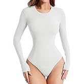 Atbuty Crew Neck Long Sleeve Bodysuits for Women Short Torso White Soft Body-Hugging Fits Casual T-Shirt Bodysuit Tops