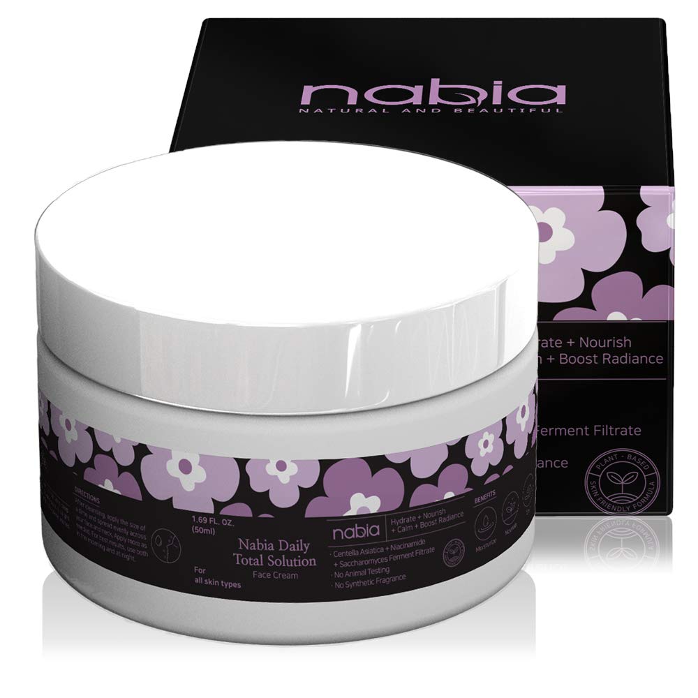 Nabia Moisturizing Face Cream with Cica, Vitamin B3, Hyaluronic Acid, Saccharomyces and natural lavender scent. Anti-Aging, Brighten, Pore Care, 1.69 Fl Oz