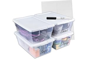 Peaknip - Sterlite 6 Quart Stackable Plastic Storage Bins with Lids for Organization (4 Pack) - Made in USA - Container Organizer for Home, Toys and Office - Bundled with Labels and Marker