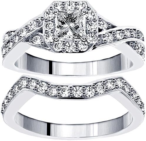 1.30 CT TW Braided Princess Cut Diamond Engagement Wedding Band Set in 14k White Gold - Size 12