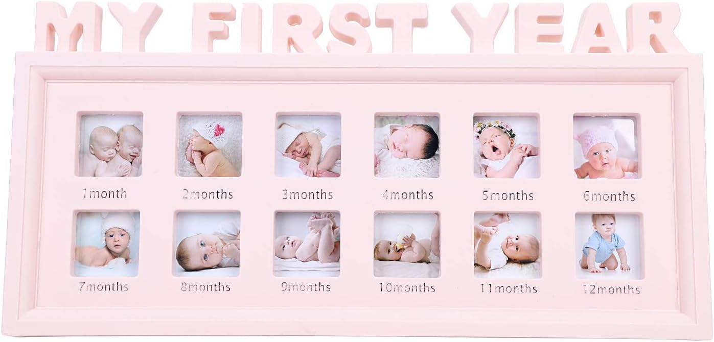 Newborn Baby Keepsake Photo Frame My First Year Moments Keepsake Girls Boys Memorable Picture Frame 1-12 Months Multi Picture Display Kit Baby Shower Birthday Memories Christening Xmas Gift (pink)