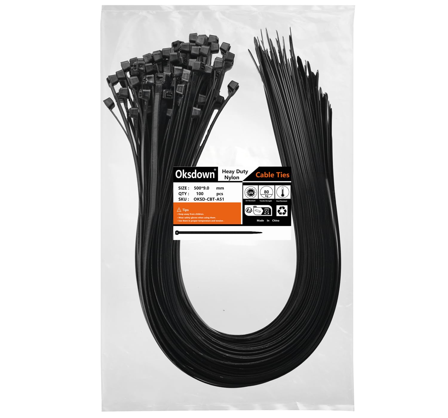 Oksdown 100 Pack Black Thick Cable Ties Heavy Duty Large 500mm×9.0mm Strong Nylon Plastic Self Locking 20 inch/50 cm Extra Long Zip Tie Wraps