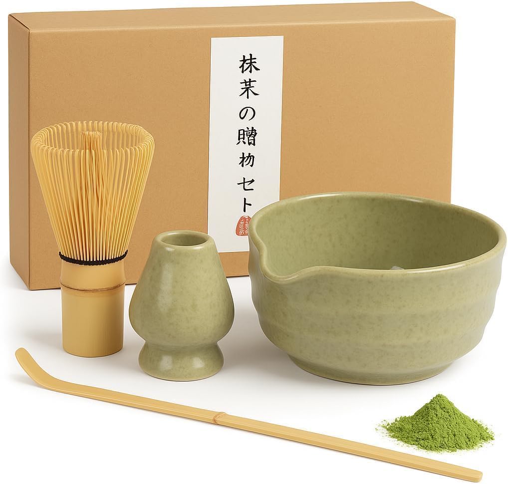 4Pcs Matcha Whisk Set, Matcha Tea Set with Whisk and Bowl, Matcha Spoon, Whisk Holder, 500ml Ceramic Bowl with Pouring Spout, Elegant Japanese Matcha Tea Kit for Tea Lovers