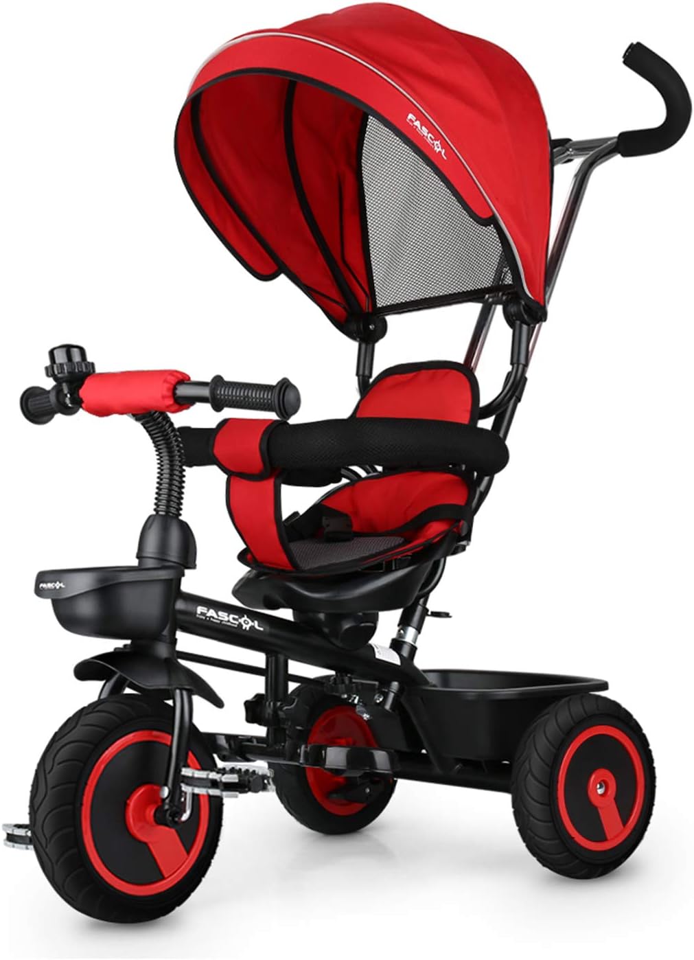 Fascol 7 in 1 Kids Trike, Baby Tricycle with Rubber Wheels and 360 ° Swivel Seat , Suit for 12 Months - 5 Years, Weight Load 35 kg (Red)