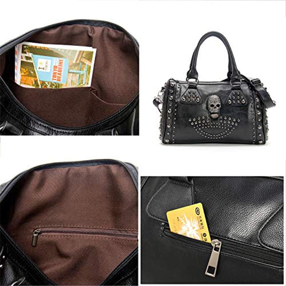 AlwaySky Women Skull Handbag Tote Purse Large Capacity Gothic Shoulder Bag with Strap Studded Doctor Handbag, Black - Image 5