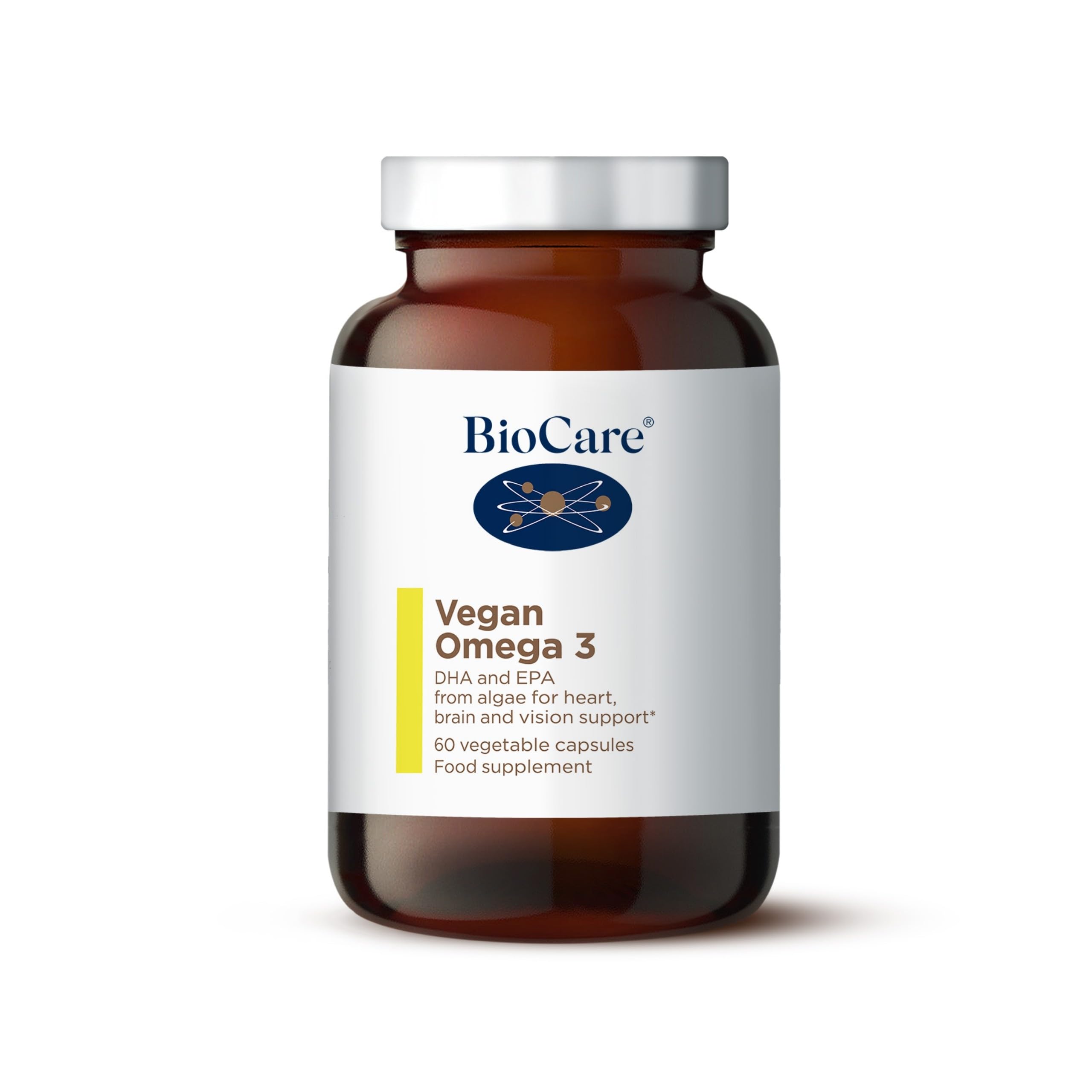 BioCare Vegan Omega-3 | Vegetable Capsules | DHA and EPA from Algae for Heart, Brain and Vision Support | Food Supplement | Suitable for Vegetarians and Vegans | 60 Capsules