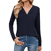 Poplab Women's Ribbed Long Sleeve Top Business Casual Collared Work Shirt Slightly Fitted Layering Tshirt