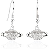 White Gold Plated 925 Sterling Silver Hammered Planet Saturn Earrings Dangling