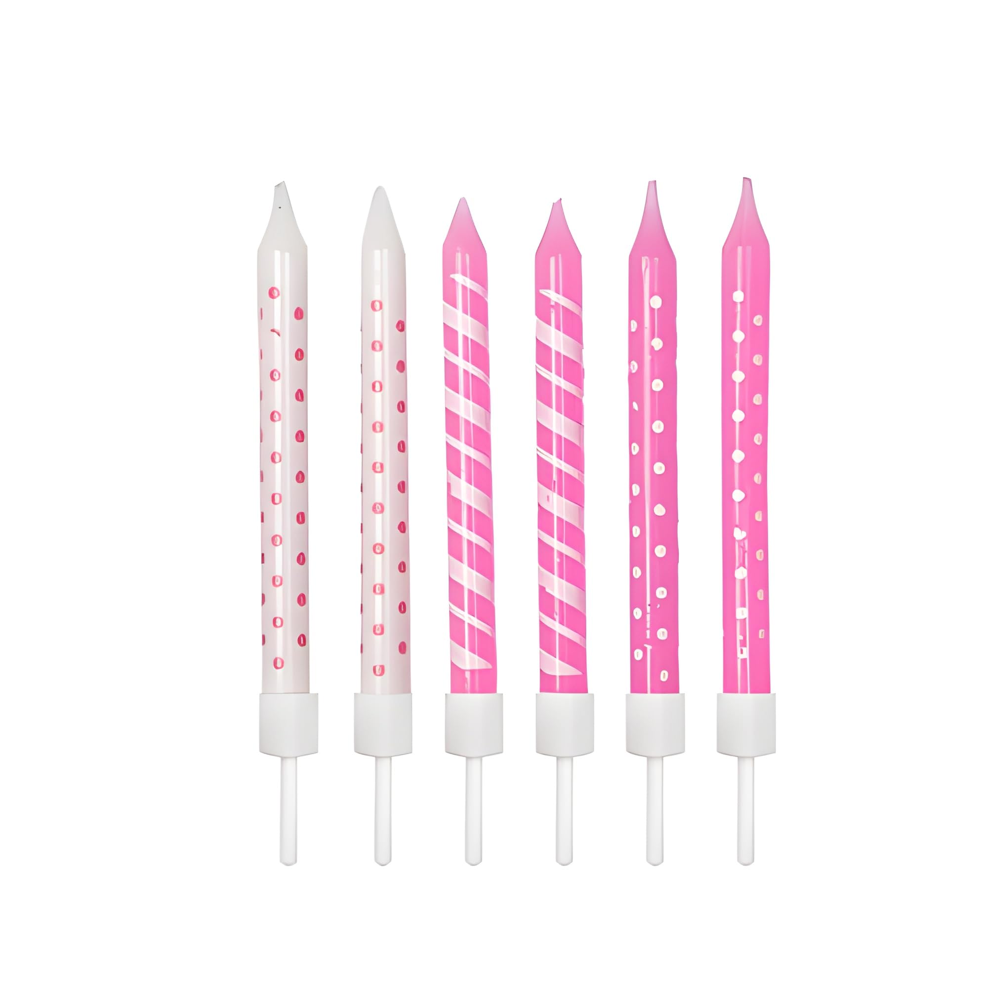 Anniversary house Birthday Candles Set of 12 - Polka Dot and Stripe Light Pink and White with Holders - Printed Party Cake Toppers and Decorations