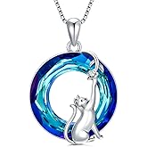 PROESS S925 Sterling Silver Cat Necklace Cat Birthstone Pendant Necklace Cute Animal Jewelry Gifts for Women