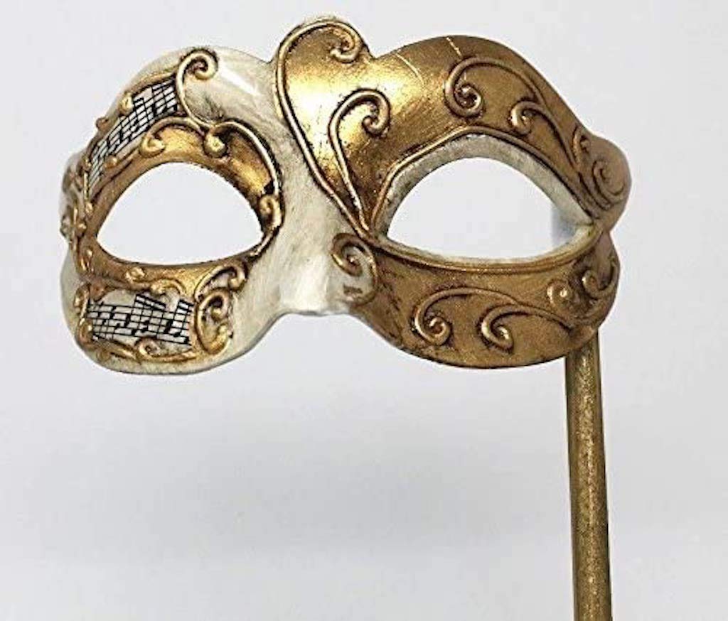VENETIAN MASQUERADE CARNIVAL PARTY EYE BALL MASK IVORY & GOLD WITH MUSICAL NOTES SCRIPT ON A STICK - HAND HELD