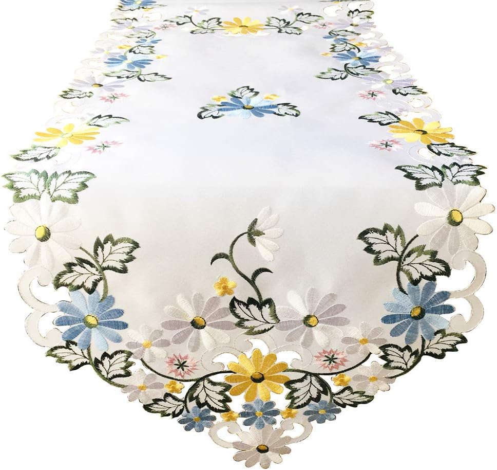 Embroidered Beautiful Daisy Flower Garden Cut Out Table Runner, Elegant Decoration Spring Wildflowers Table Linens (13 x 68 inch, Yellow and Blue Daisy)