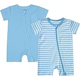 Teach Leanbh Unisex Baby 2 Pack Pajamas Cotton Short Sleeve 2 Way Zipper Stripe Soild Romper Jumpsuit Sleep and Play