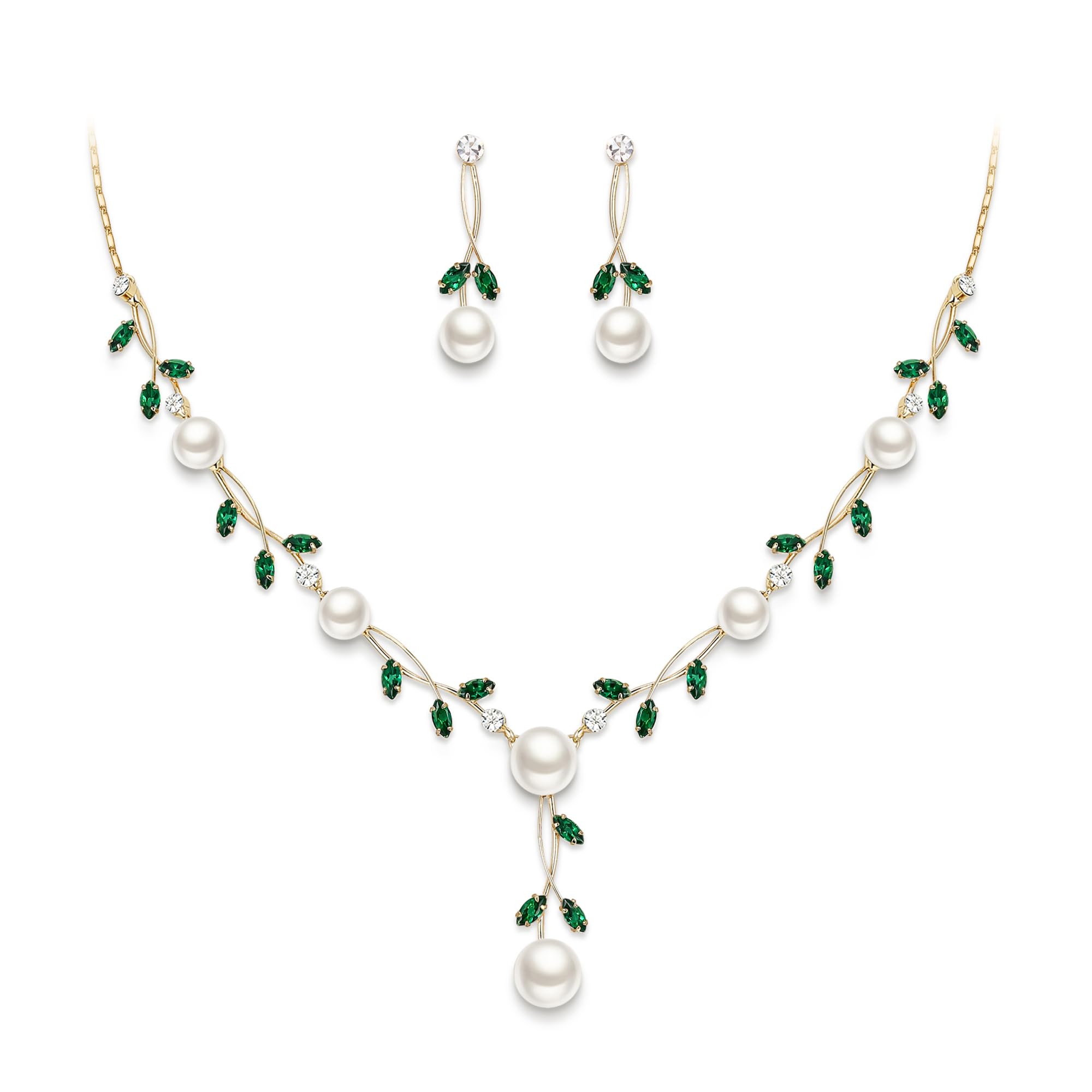 Ever Faith Wedding Jewelry for Bride CZ Green Crystal Simulated Pearl Floral Vine Filigree Necklace Earrings Set for Woman Gold-Tone