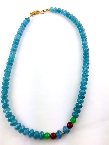 Edelsteinkette Aquamarine, Rubine und Smaragden mit Goldperle