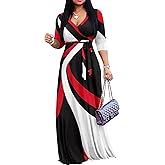 AOMONI Women's Floral Print Maxi Dresses Summer with Pockets Casual 3 4 Sleeve V-Neck Wrap Tie Waist Long Dress, M-3XL