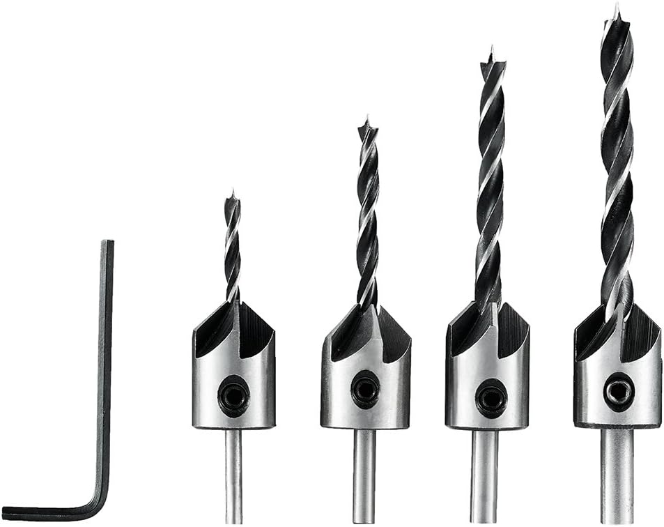 Xilko Countersink Drill Bits Set(3/4/5/6mm), 4Pcs HSS Woodworking Countersink Set Adjustable Carpentry Reamer Length Drill Bit for Wood, Particleboard, Fiberboard, Plastic, Plywood, PVC, Rubber