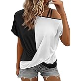 Dokotoo T Shirts for Women Twist Knot Color Block Loose Fit Cold Shoulder Tops for Women Fashion 2025