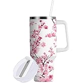 Boccsty Beautiful Cherry Blossom Insulated Tumblers Flower Pink Reusable Stainless Steel Tumbler 40 oz Cup Coffee Travel Mug Water Bottle with Handle & Flip Straw for Home Office Car