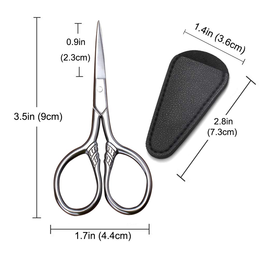 HITOPTY Small Precision Scissors, 3.5inch Stainless Steel Multi-Purpose Vintage Beauty Grooming Kit for Facial Hair, Eyebrow, Eyelash, Beard, Moustache with PU Sheath : Beauty