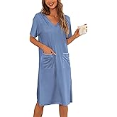 YYA Loose Nightgowns for Women Short Sleeve Sleepwear V Neck Nightshirt with Pockets Soft Pajama Dress S-3XL