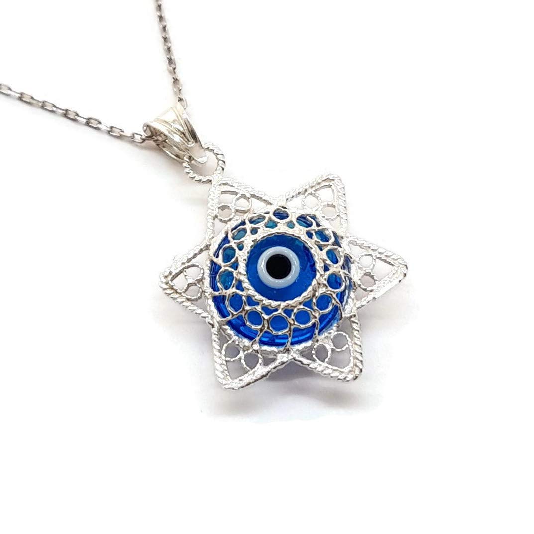 MYSTIC JEWELS By Dalia - Filigree Star of David Necklace with Turkish Eye 925 Sterling Silver