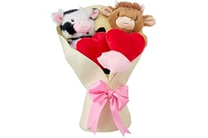Valentines Plush Bouquet - Highland Cow & Hearts with Pink Bow, Unique Soft Gift Set for Valentine's Day (Beige)