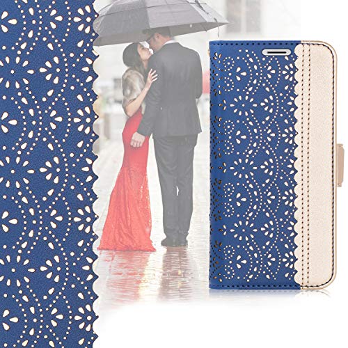 WWW iPhone Xs Max (6.5 inch) 2018 Case, [Luxurious Romantic Carved Flower] Leather Wallet Case with [Inside Makeup Mirror] and [Kickstand Feature] for iPhone Xs Max 6.5'' (2018 Released) Navy Blue - Thumbnail 3