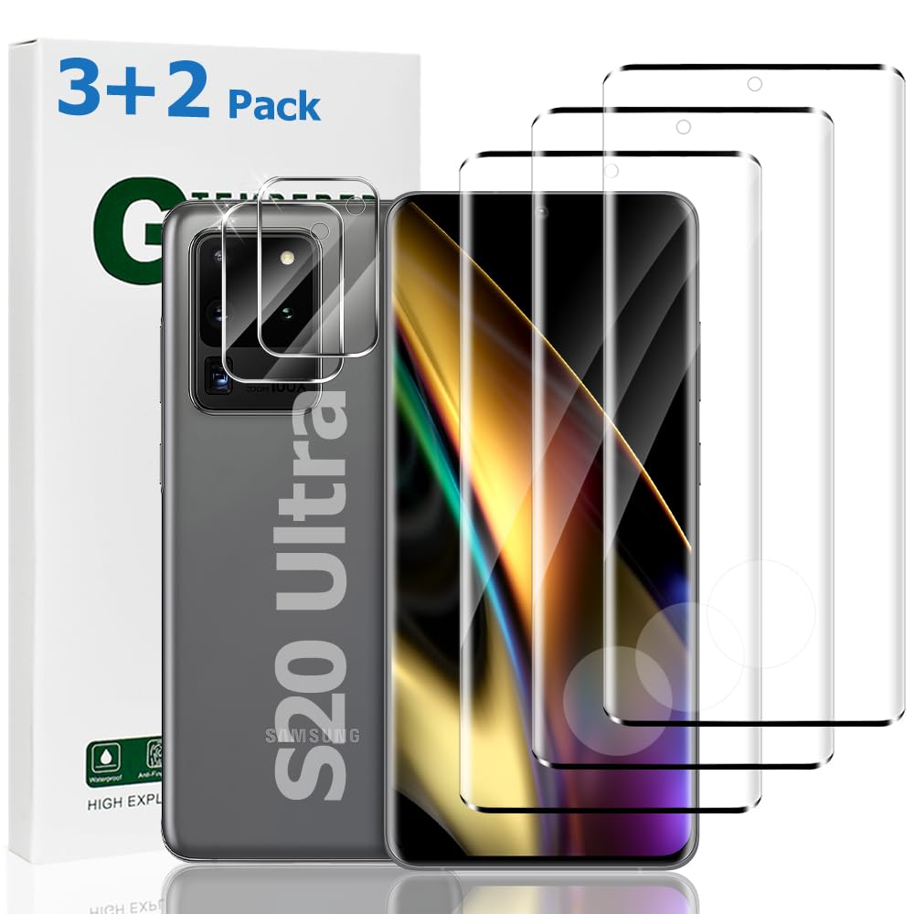 3+2 Pack Galaxy S20 Ultra Screen Protector with Camera Lens Protector,9H Hardness Tempered Glass,3D Full Coverage,Fingerprint Compatible ,Free of bubbles，For Samsung Galaxy S20 Ultra 5G 6.9 Inch
