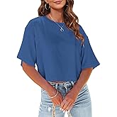 Tankaneo Women Half Sleeve Cropped T-Shirts Drop Shoulder Round Neck Crop Tops Casual Summer Solid Color Basic Tees